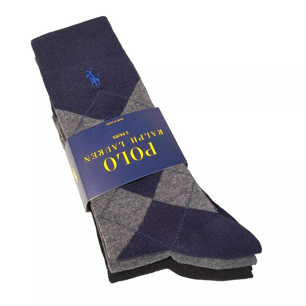 Polo Ralph Lauren Men's Dress Socks 3 Pack Argyle & Solid Navy Combo Size 10-13